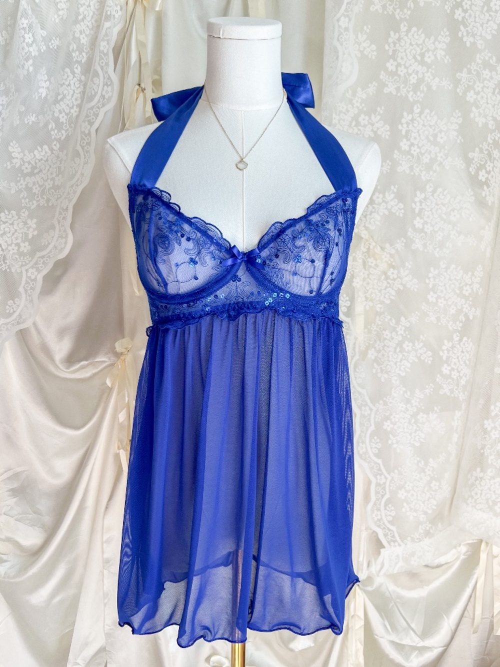 Dreamgirl Royal Blue Sheer Lace Babydoll Lingerie Nightie